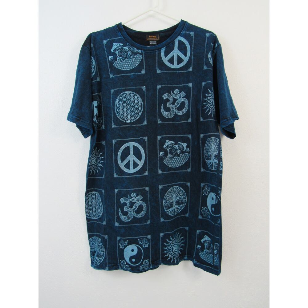 NWT Rising International Blue Washed Block Symbols Tee Shirt Men's Unisex